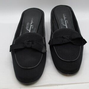 Salvatore Ferragamo black fabric slide, patent leather heel, bow detail in 8.5AA
